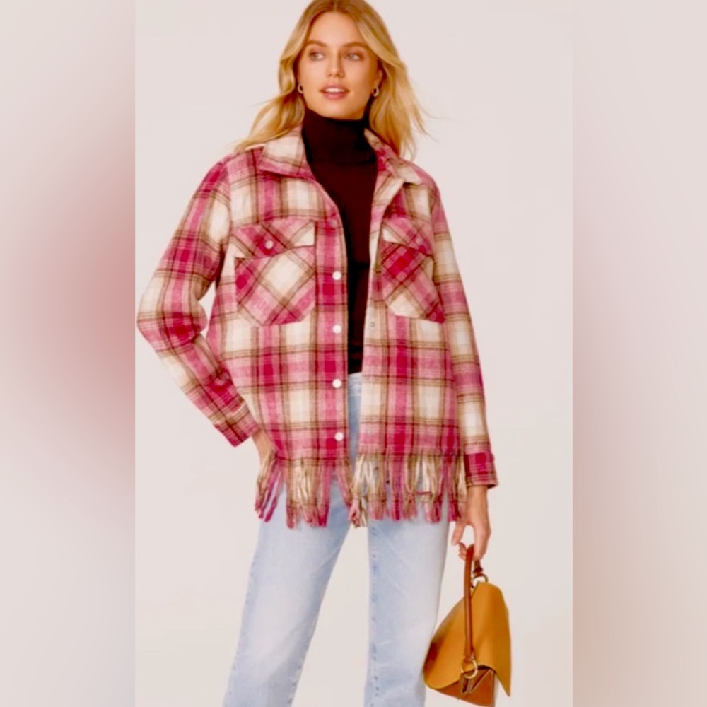 Blank NYC Plaid Shacket Shirt Jacket fringe hemline in pink brown Size M